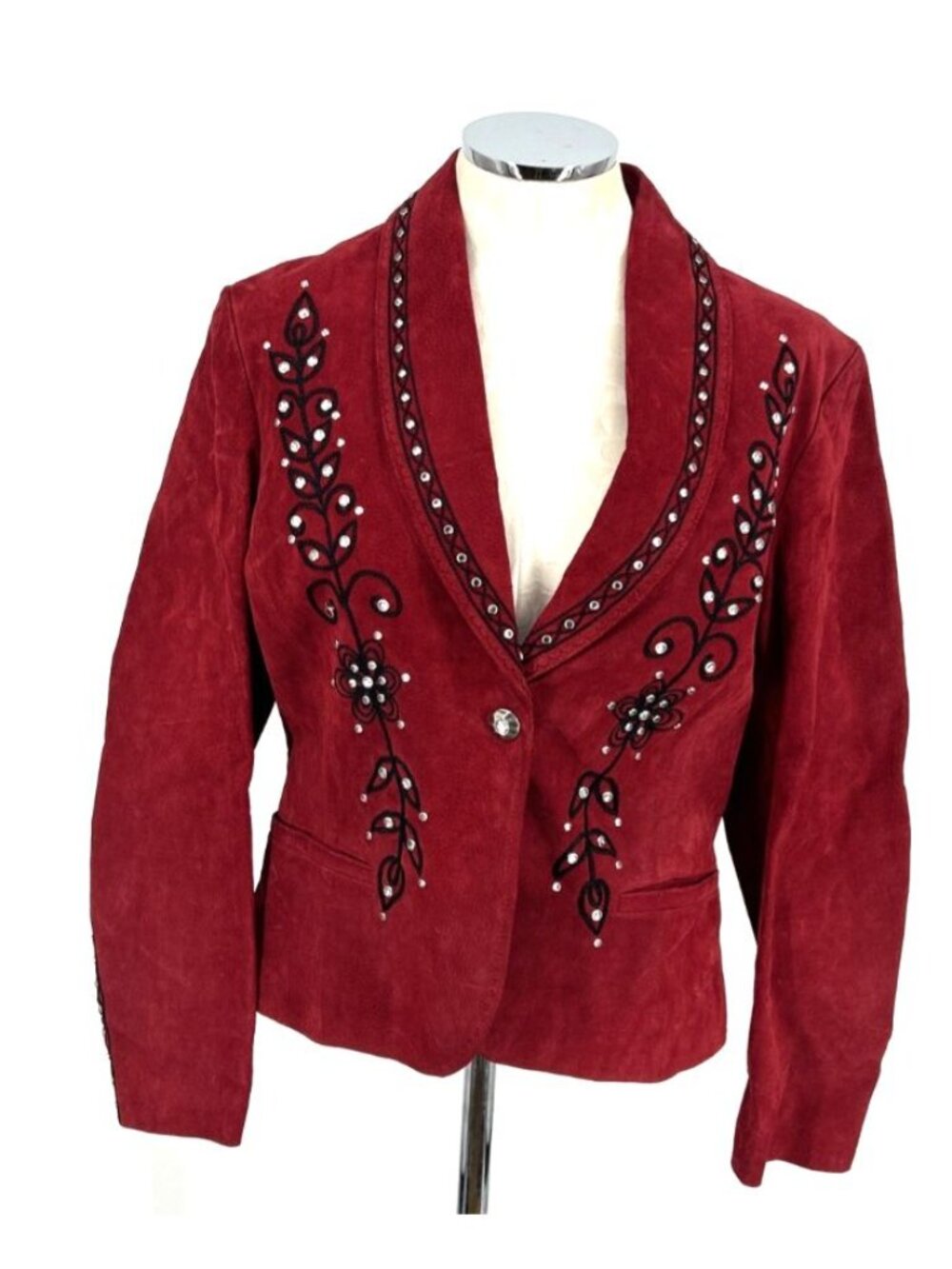 Cripple Creek Red Suede Leather Jacket Sz L Silver Metal Embellishment